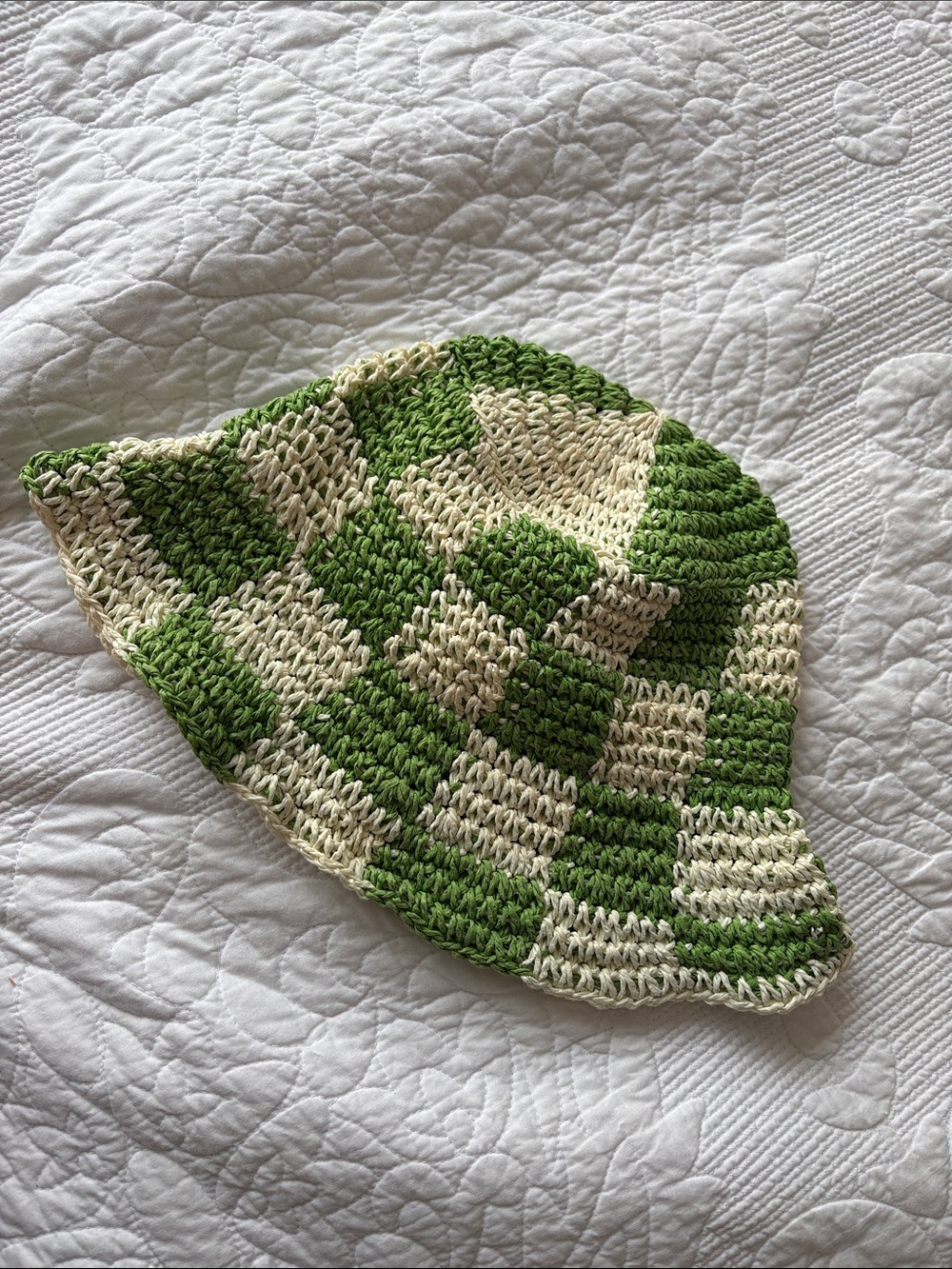 Checkerboard Crochet Bucket Hat in Green & Cream